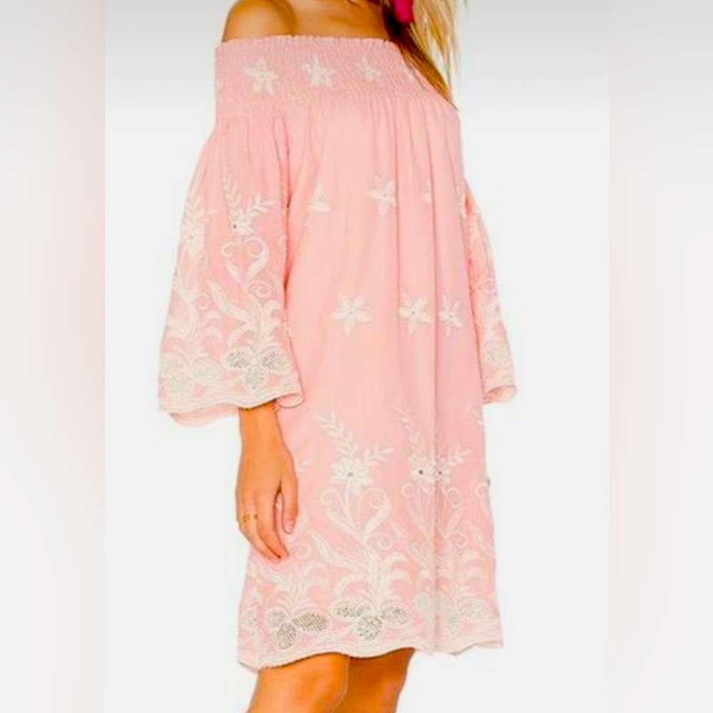 MISA Los Angeles || Pink Off-Shoulder Embroidered Dress
